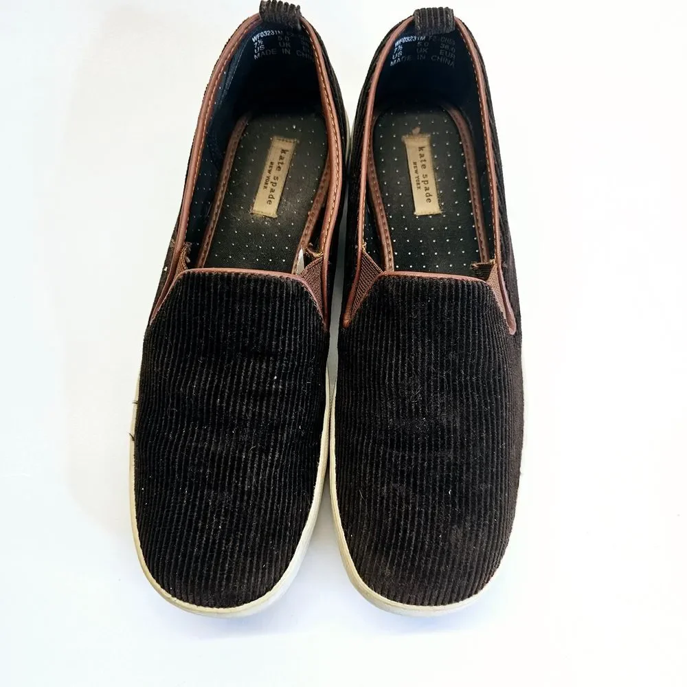 Kate Spade Slip On Sneakers Womens 7.5‎ Brown Corduroy Designer Casualwear Shoes
